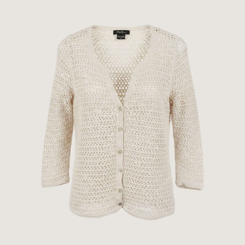 Eddie‎ Bauer Womens Cream Open Knit 100% Cotton Cardigan Beige Medium